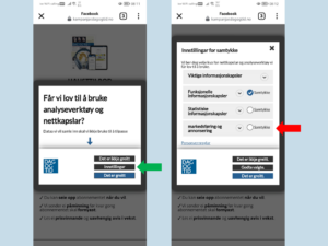 To skjermklipp på en mobiltelefon om cookies og diverse innstillinger.