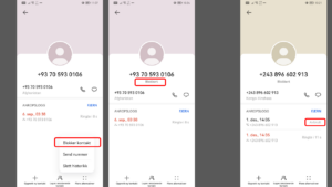Eksempler på blokkering av telefonnumre fra fjerne land på mobilen.