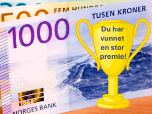 Foto av norske pengesedler bak en premiepokal.